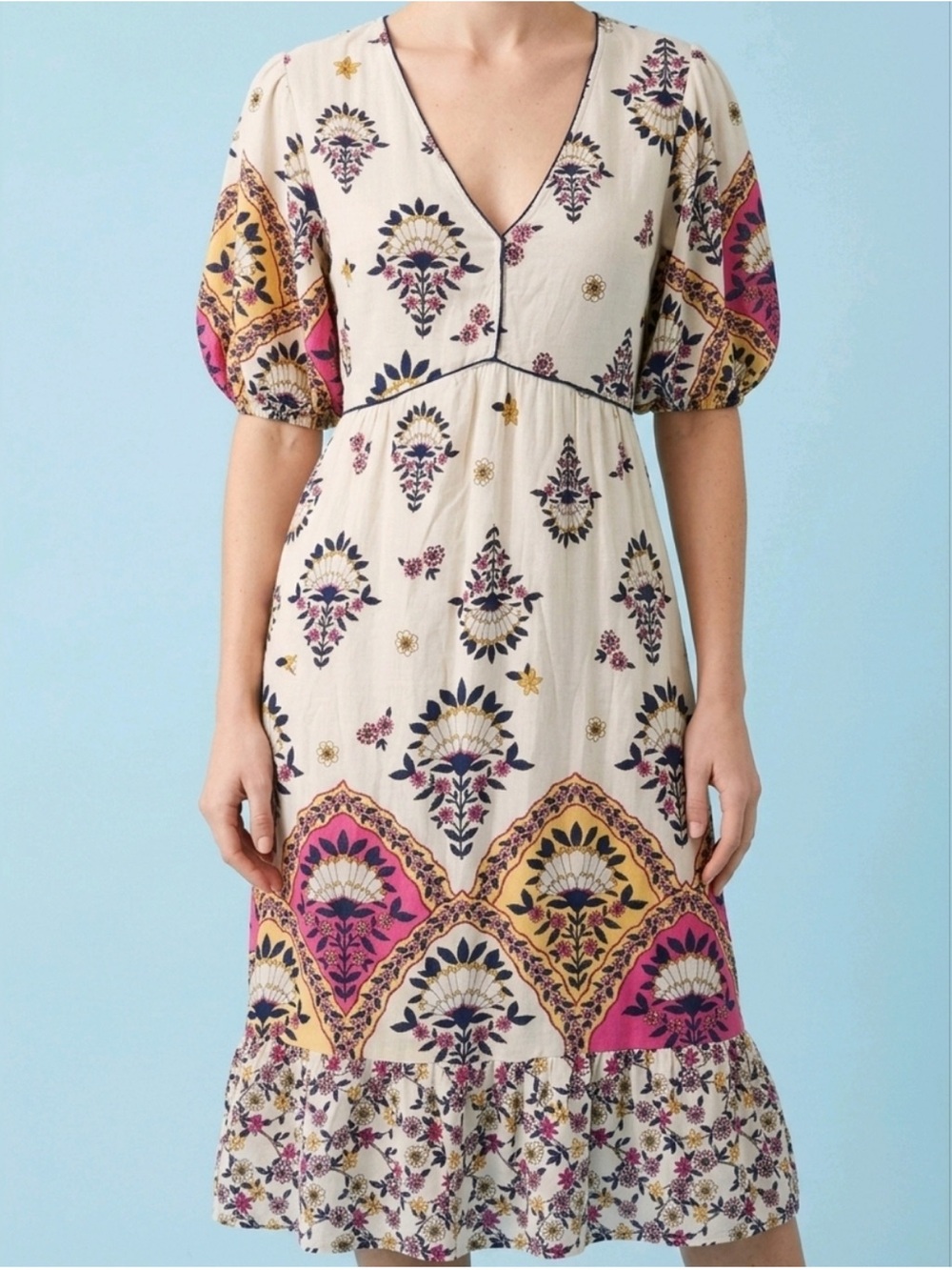 Anthropologie fig and flower Cream Midi Dress with Pink & Yellow Floral Accents